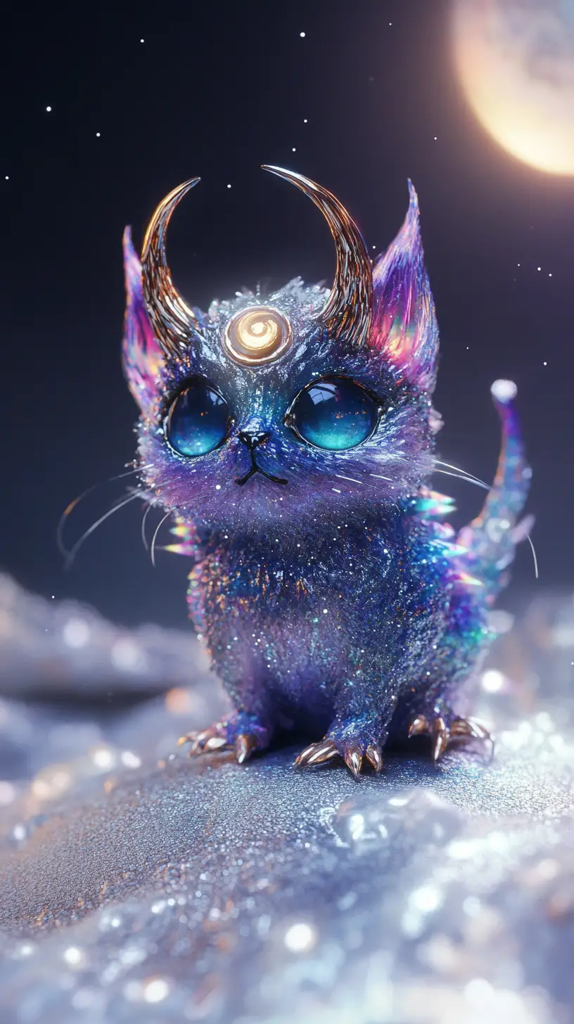 Cosmic horned creature on crescent moon with knowing gaze