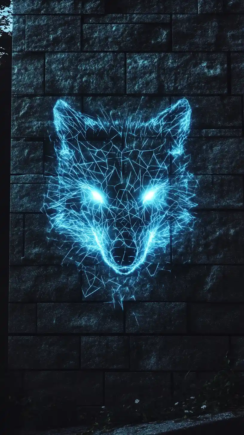 Mystical monolith house facade with glowing spectral wolf