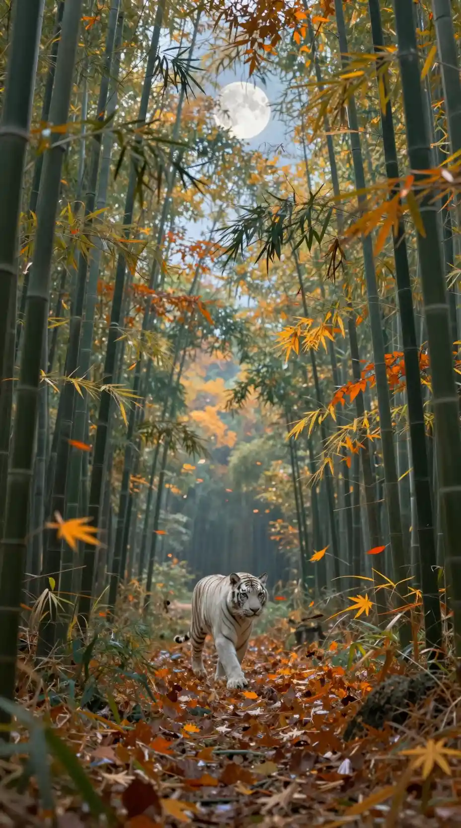 White tiger in a tranquil autumn forest under moonlight