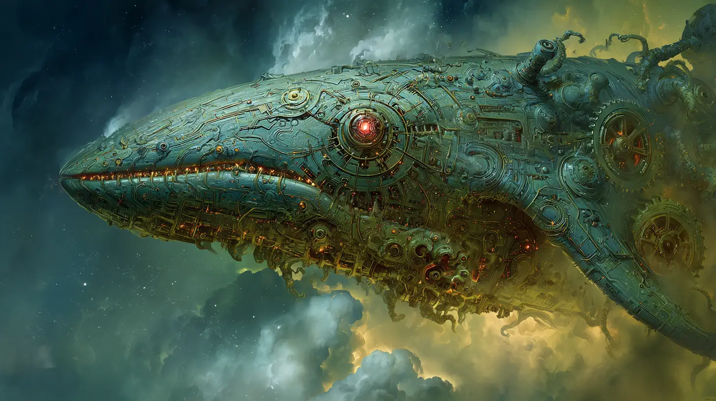 Colossal biomechanical leviathan rising from a swirling nebula
