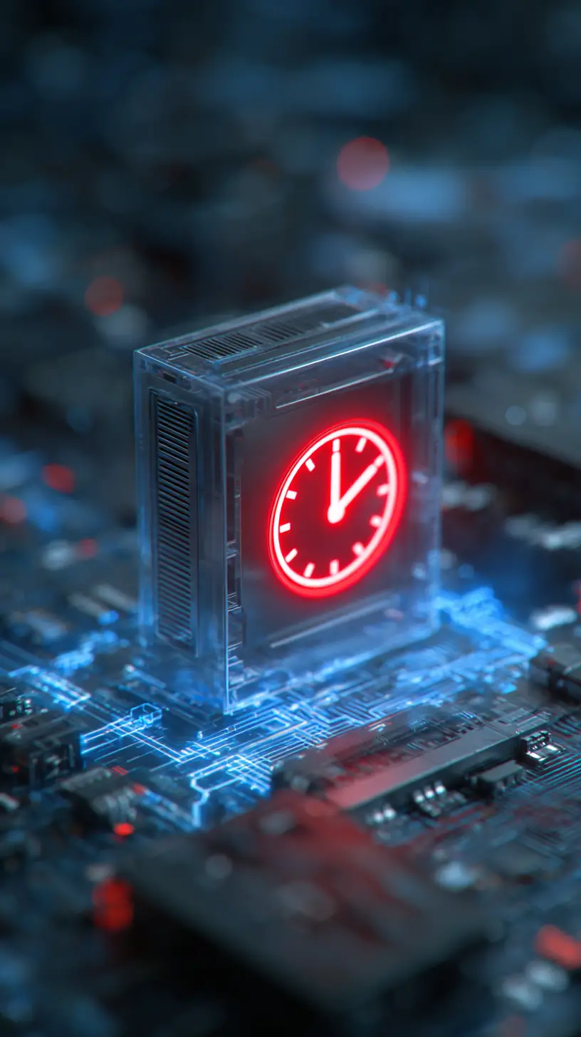 Network router with red alarm icon and ticking clock display