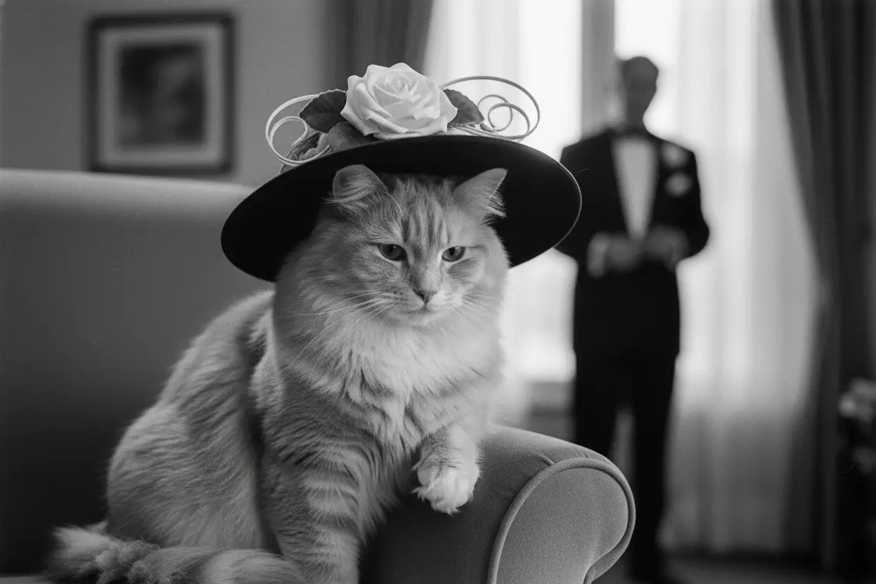 Black and white photo of a fluffy cat wearing a floral hat, with a man in a tuxedo in the background.