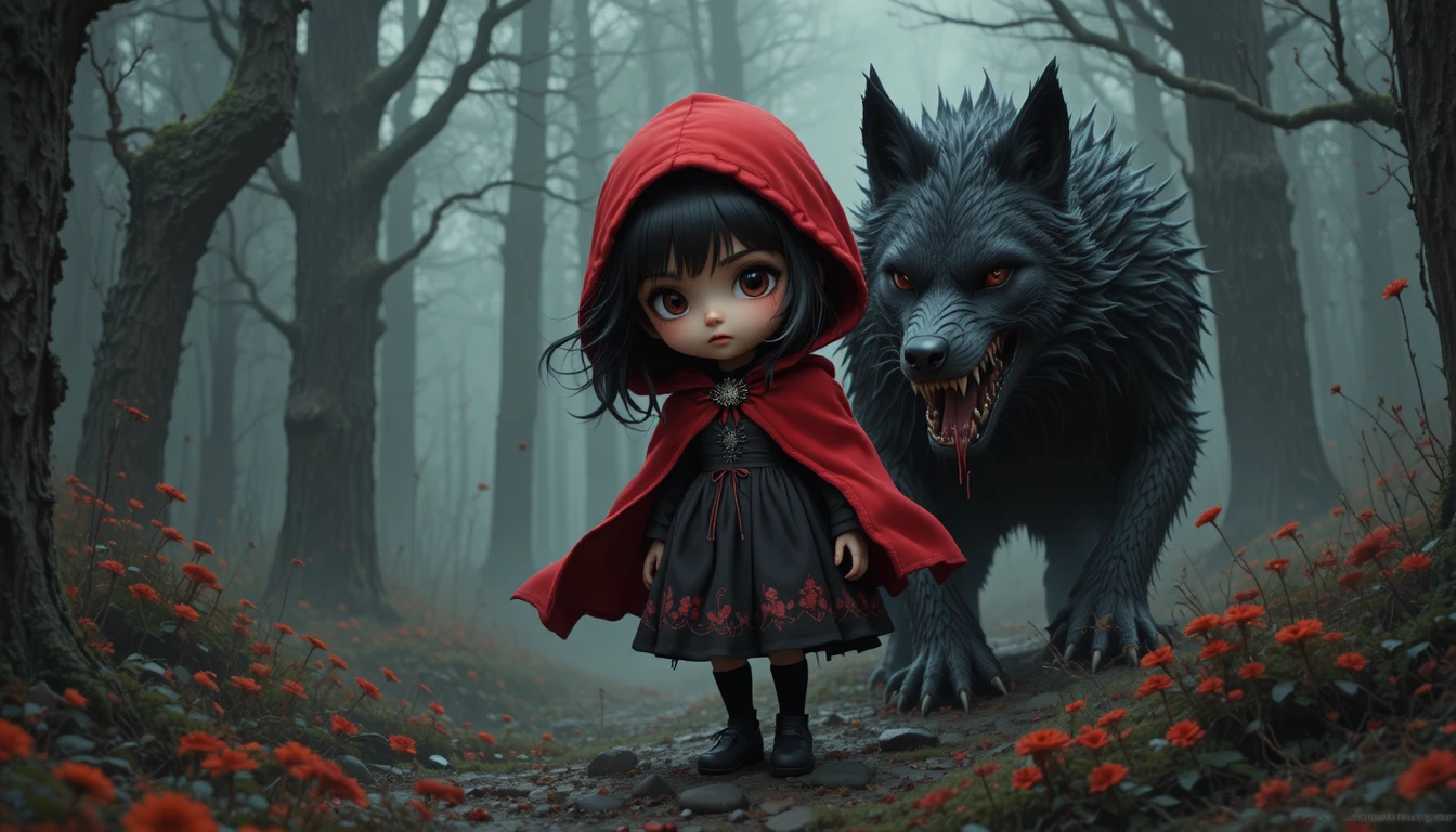 Defiant red hood girl walking from a defeated wolf