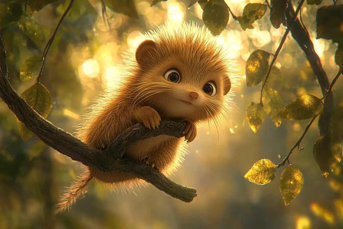 Baby porcupine on a branch in golden forest light