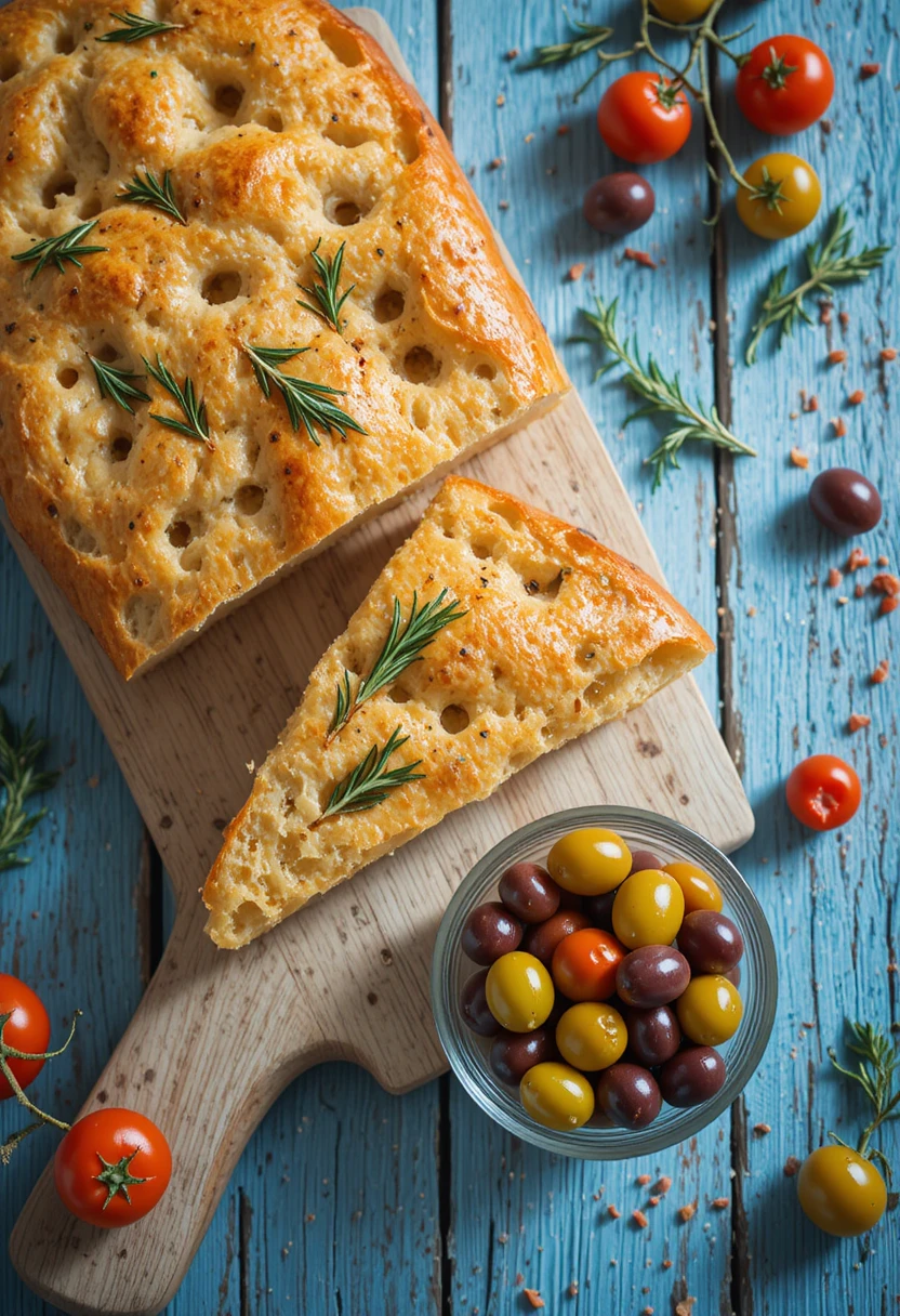 Pan focaccia italiano con aceitunas sobre mesa de madera rústica
