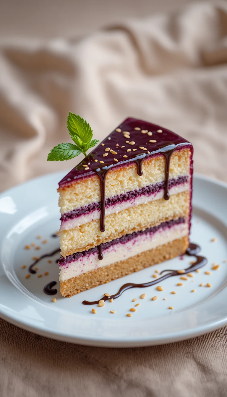 Primer plano de rebanada de pastel por capas con glaseado de frutos rojos en un plato