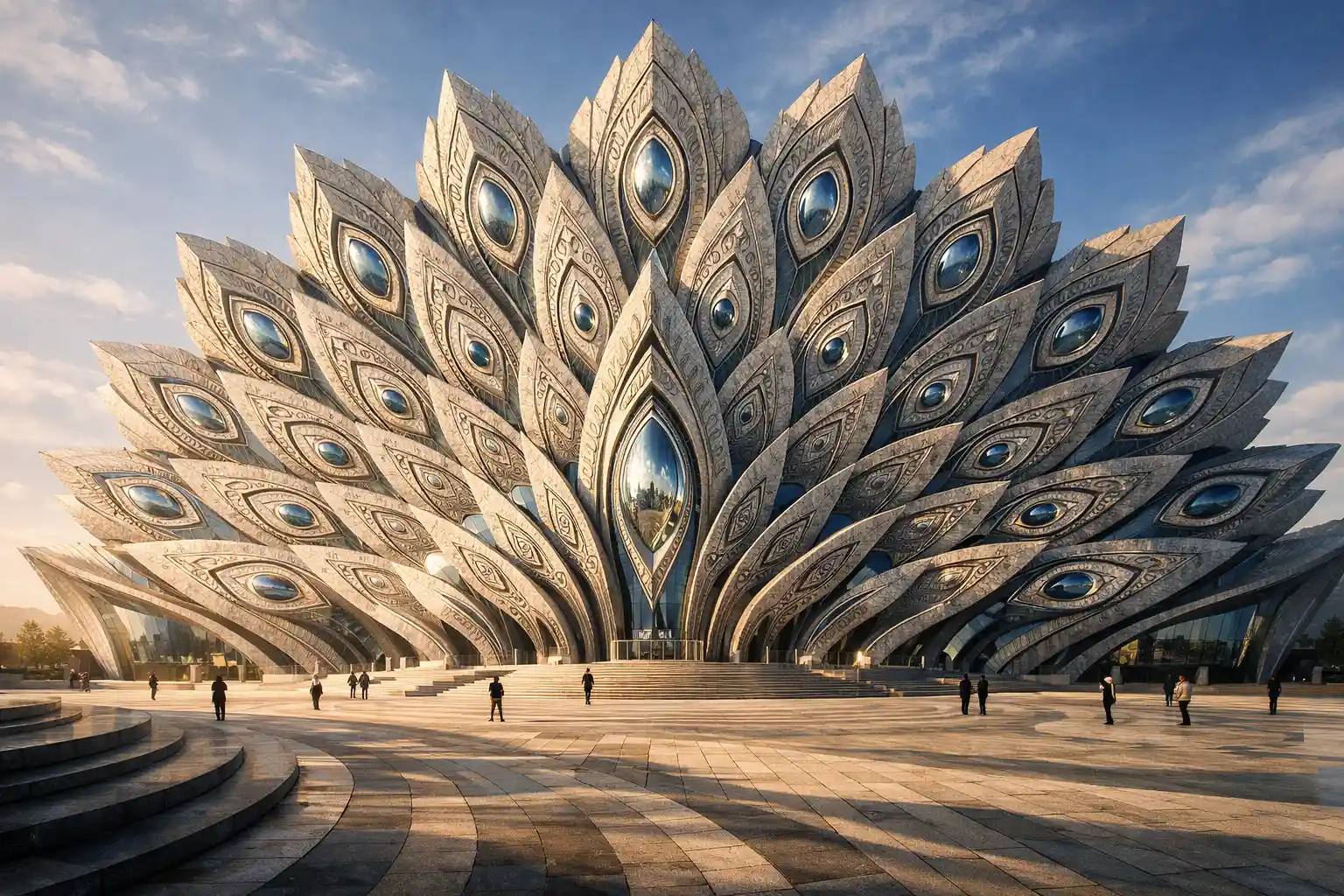 Futuristic peacock inspired stone and glass monument