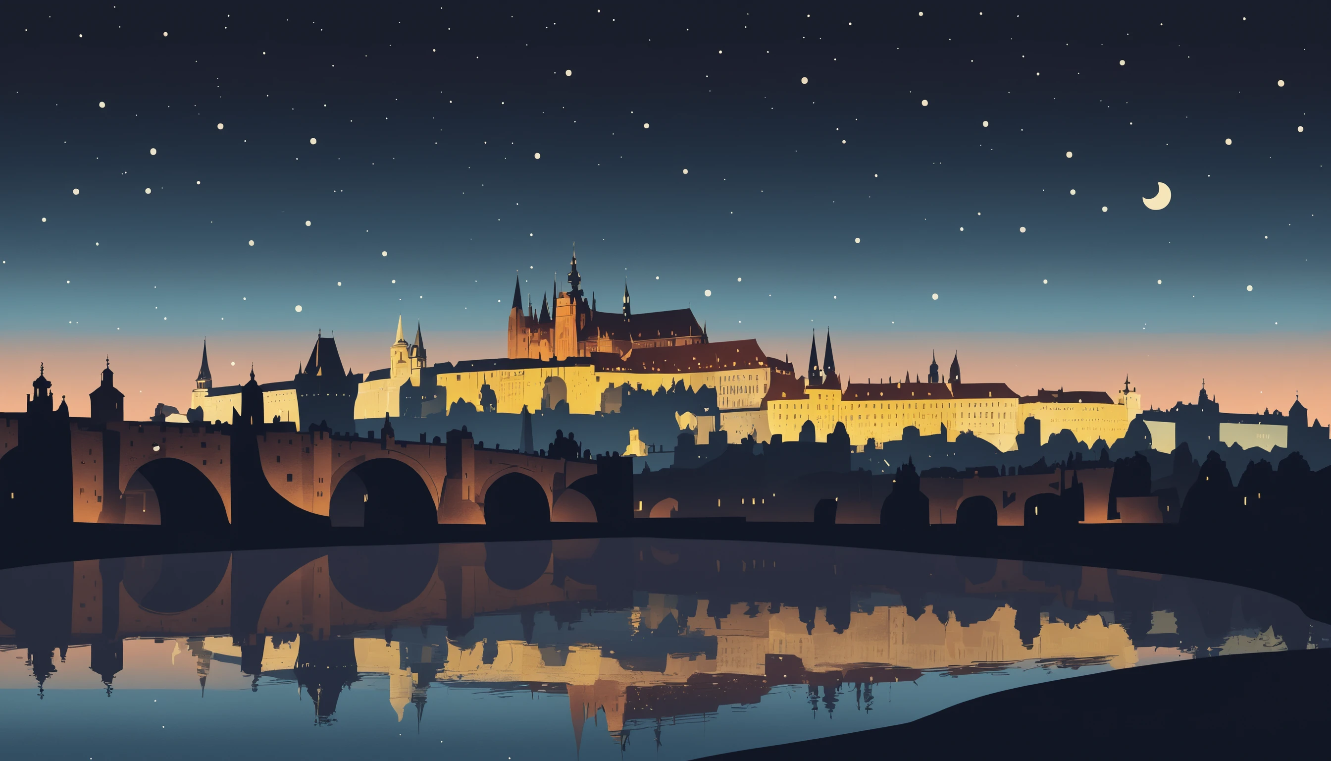 Minimale nächtliche Stadtillustration mit Schloss und Geschäftsschild