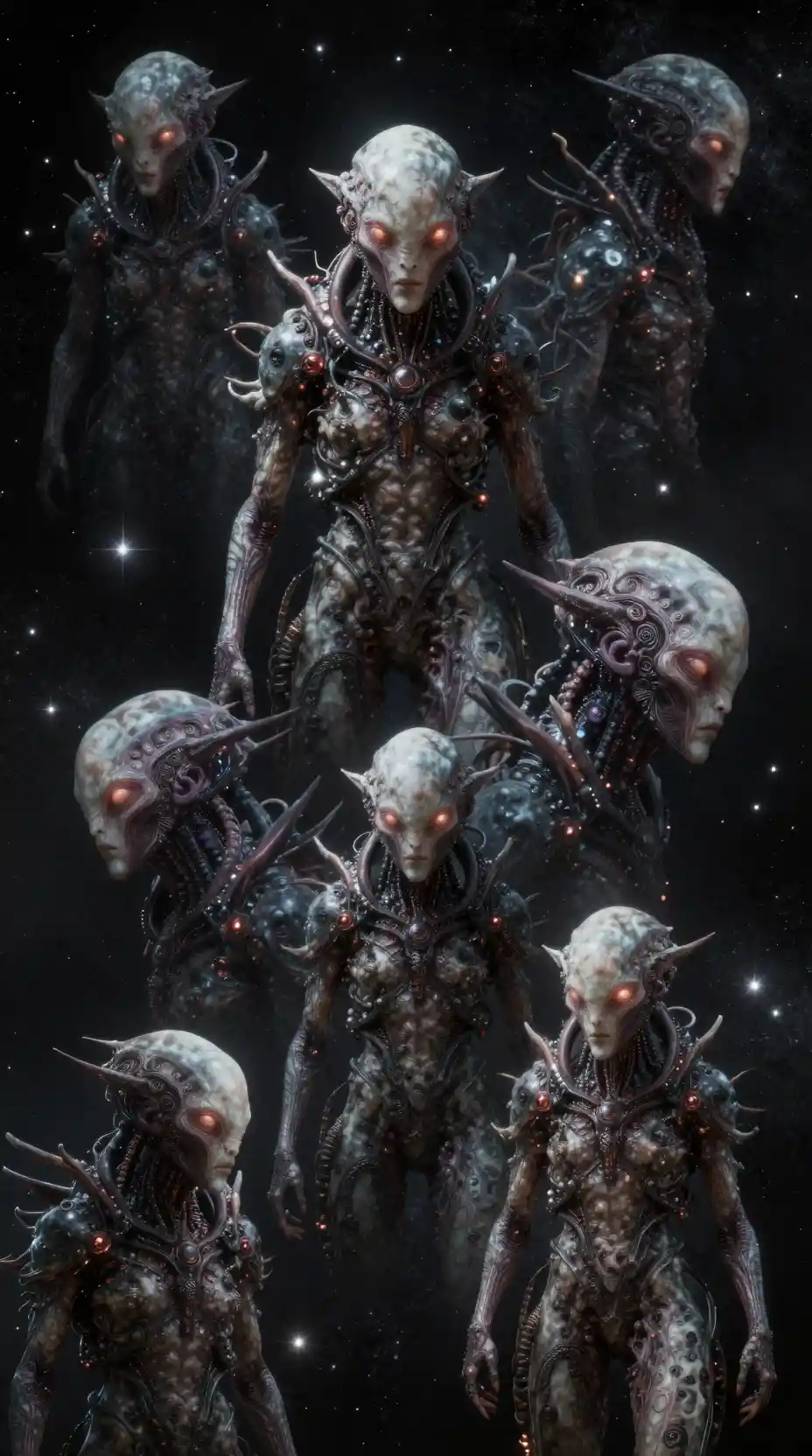 Surreal cyberpunk alien amid celestial dark fantasy vision