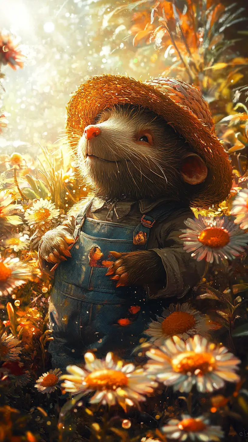 Whimsical Mole Gardener In A Glowing Fantasy Flower Garden