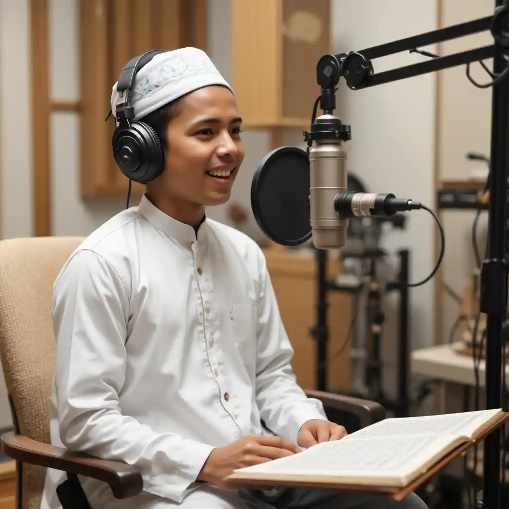 Young Muslim boy reciting Quran in professional studio