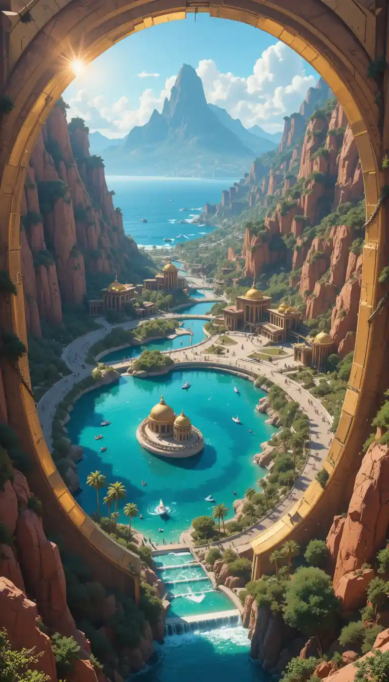 Utopian coastal city seen from above through a golden portal