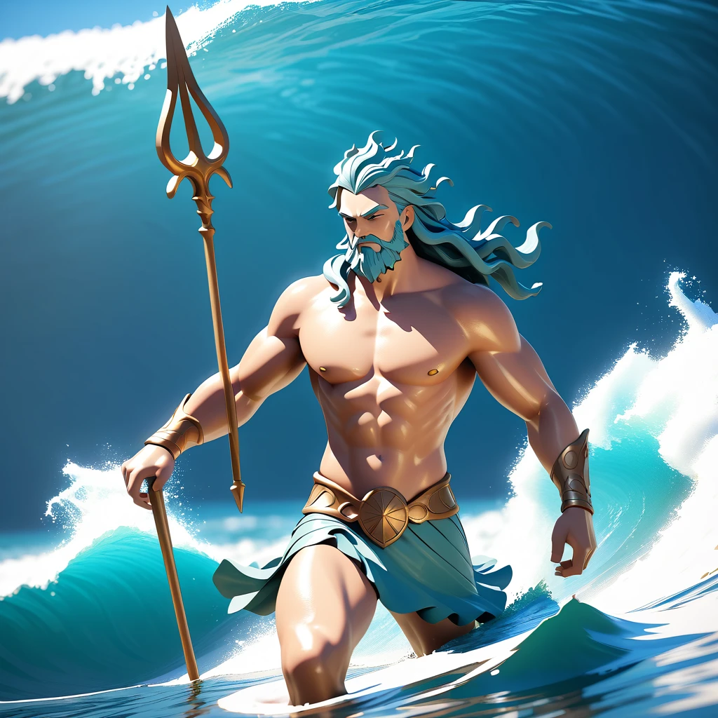 Sea god rising from the ocean waves with trident raised