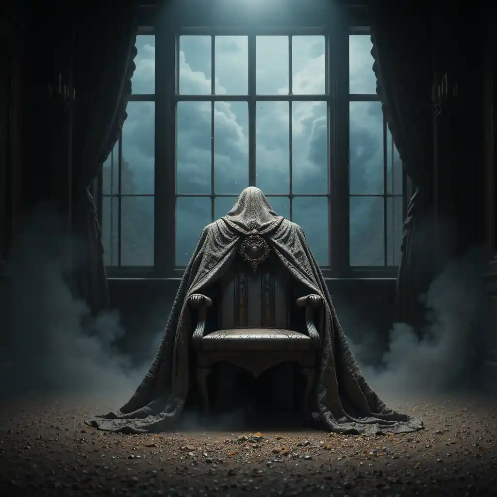 Empty executive chair under a heavy stone ceremonial cloak