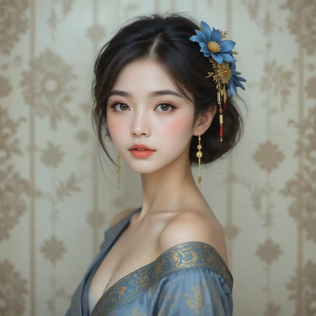 Elegant young woman with floral hairpiece in soft illustration