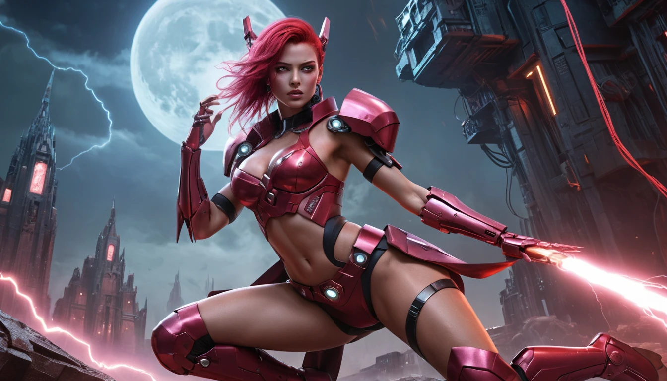 Cyborg princess in pink outfit on grave in neon storm