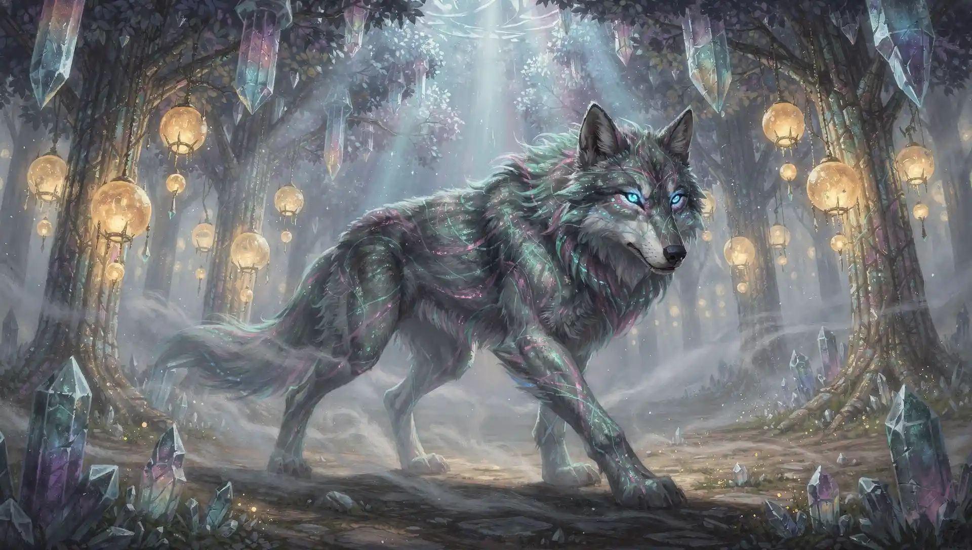 Spectral wolf walking through an inverted crystal fantasy forest