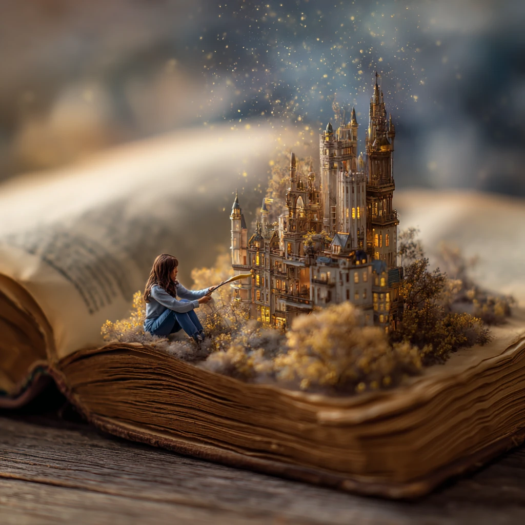 Tiny woman crafting a surreal diorama on a giant book