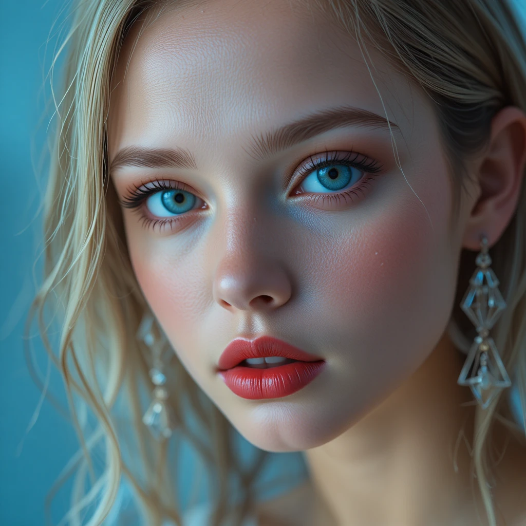 Romantic close up portrait of a blonde blue eyed girl