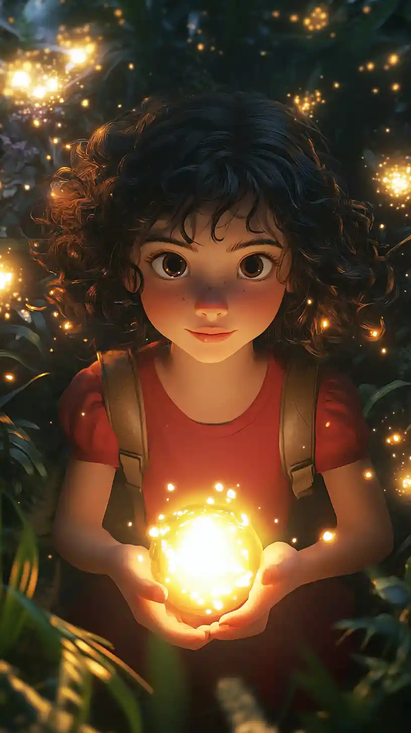 Girl Holding Magical Light In Enchanted Forest