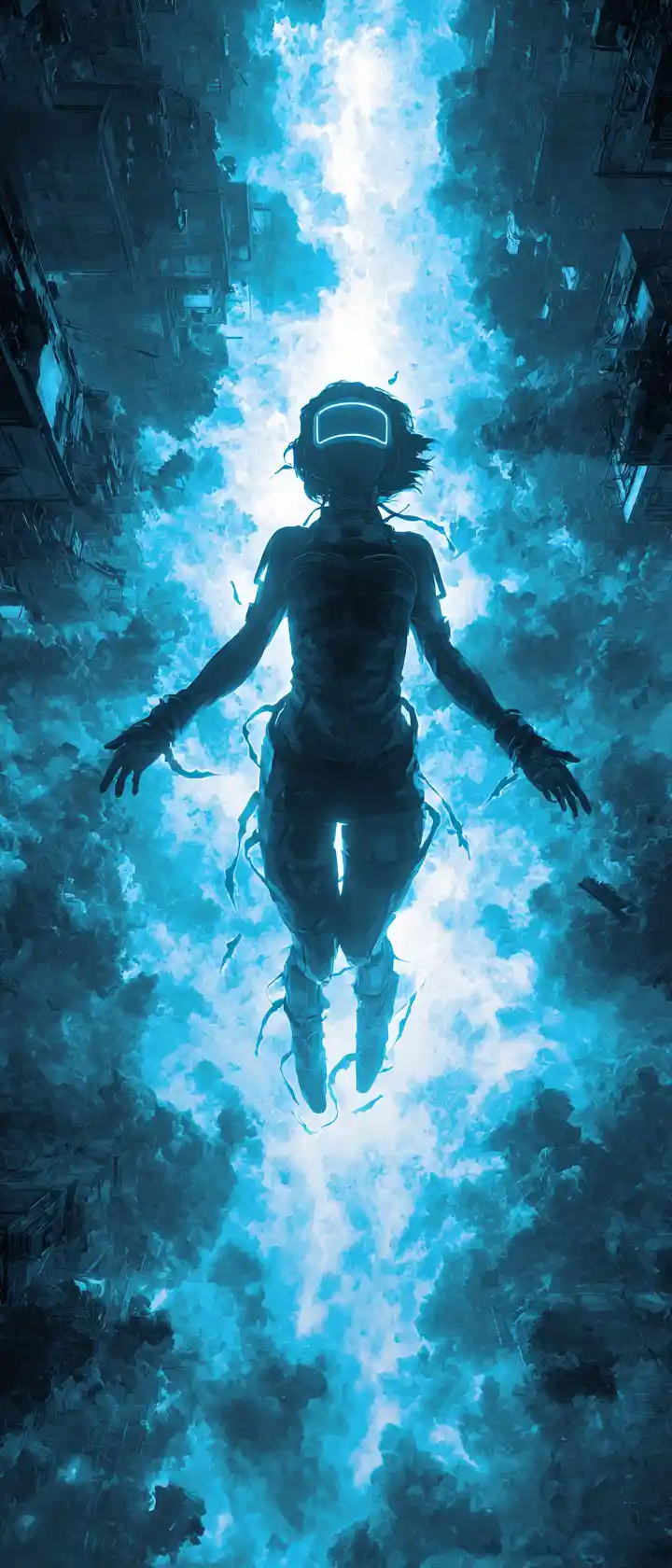 Cyber ninja woman leaping through inverted dark fantasy scene