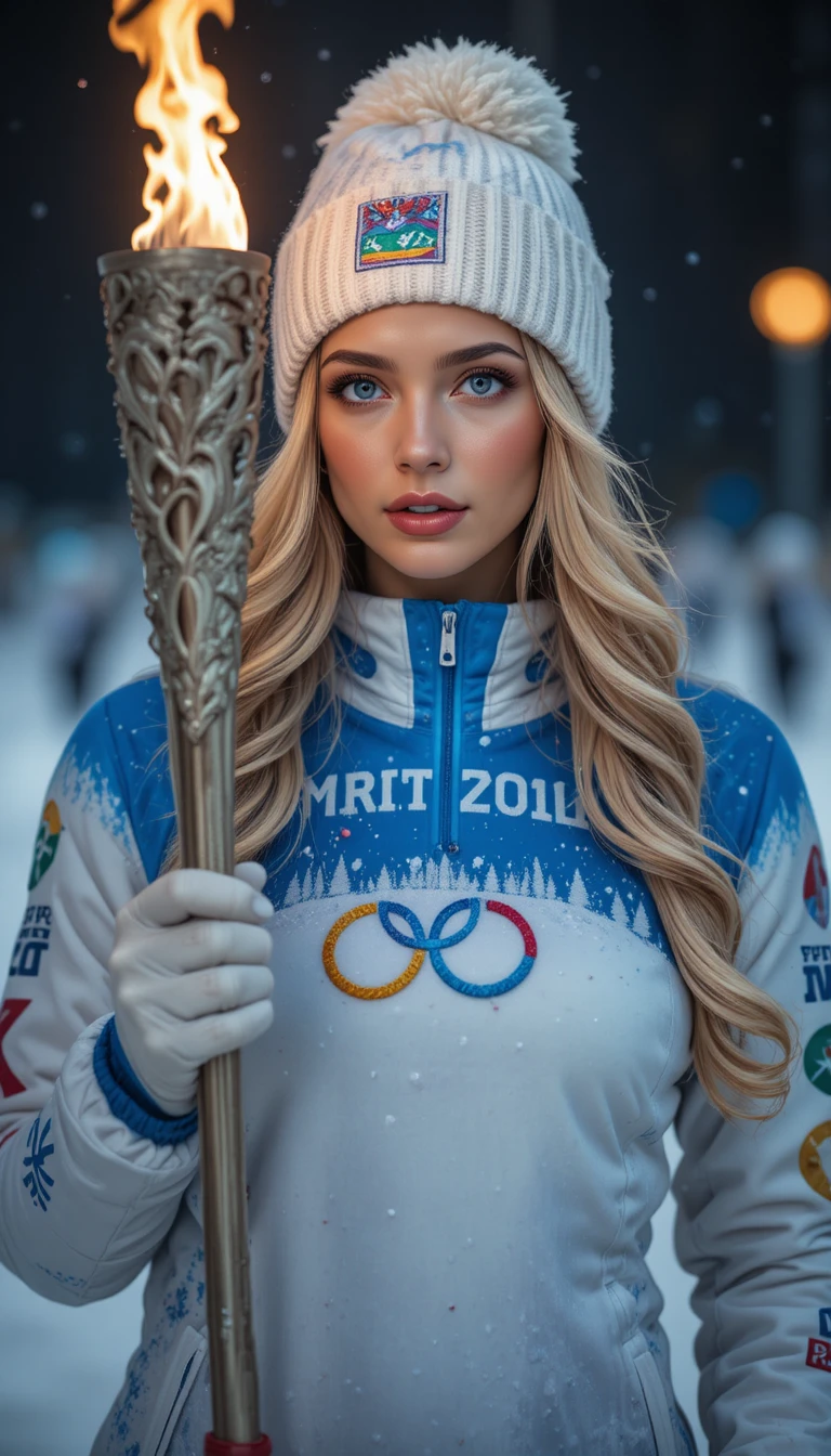Blonde Scandinavian woman holding Winter Olympic torch