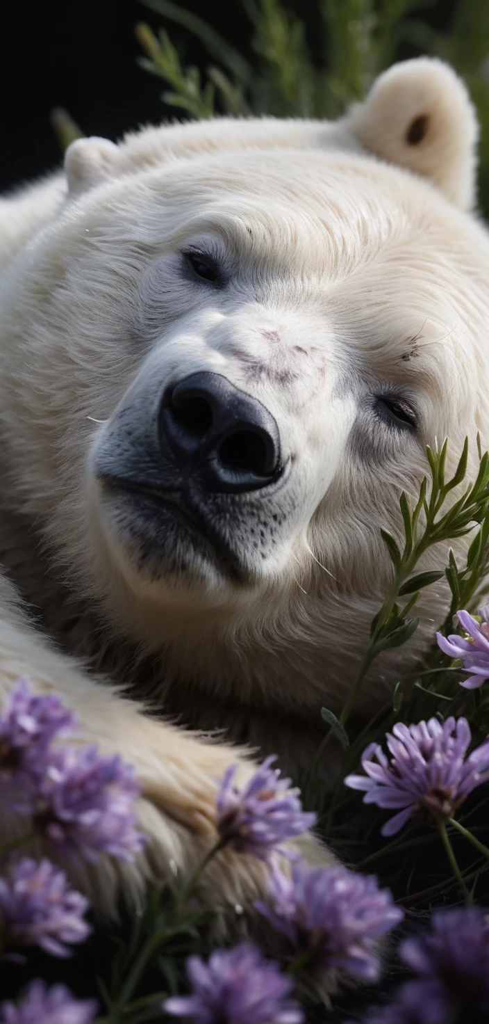 Oso polar dormido entre flores silvestres moradas en primer plano