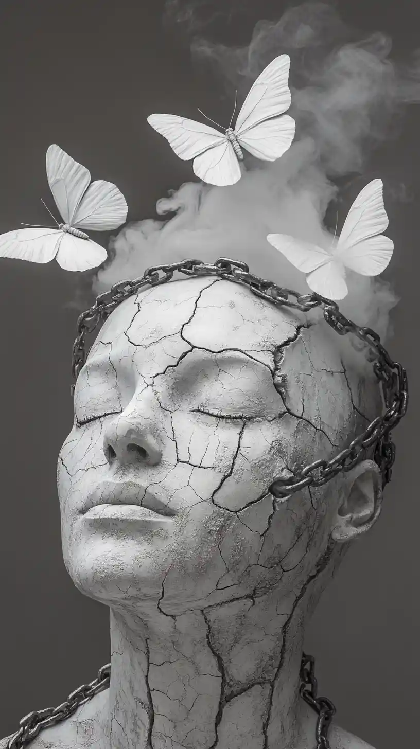 Surreal stone like human portrait wrapped in heavy chains
