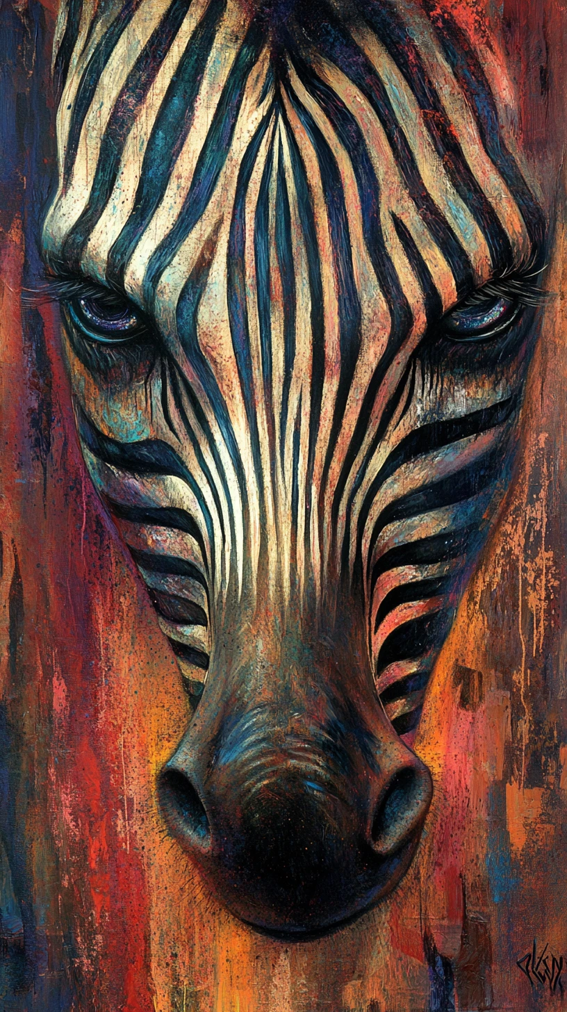 Surreal zebra face with luminous abstract eyes and stripes