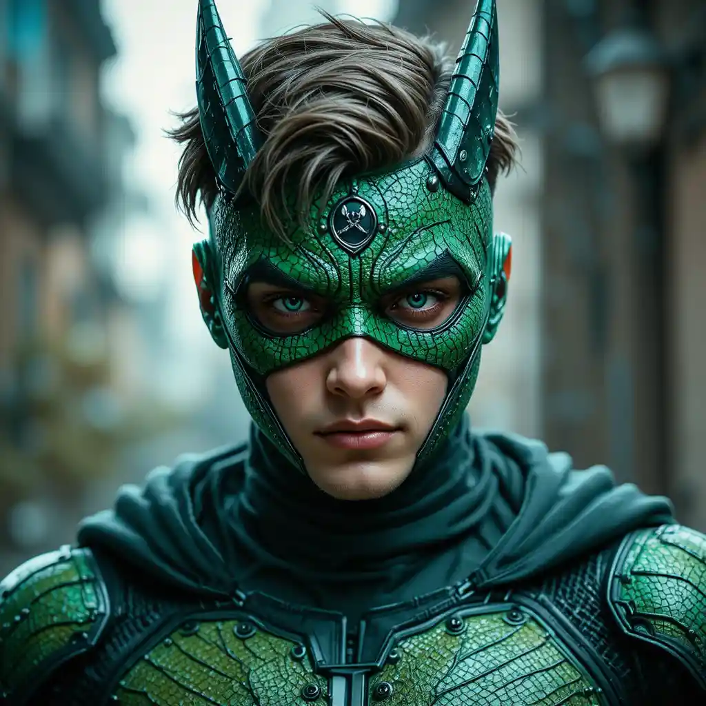 Teenage superhero in green and cyan uniform with shield