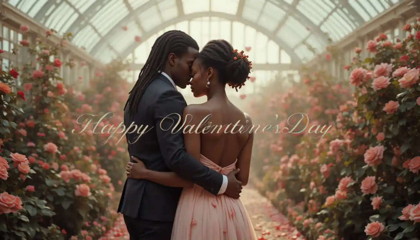 Pareja afroamericana abrazándose en un invernadero floral romántico