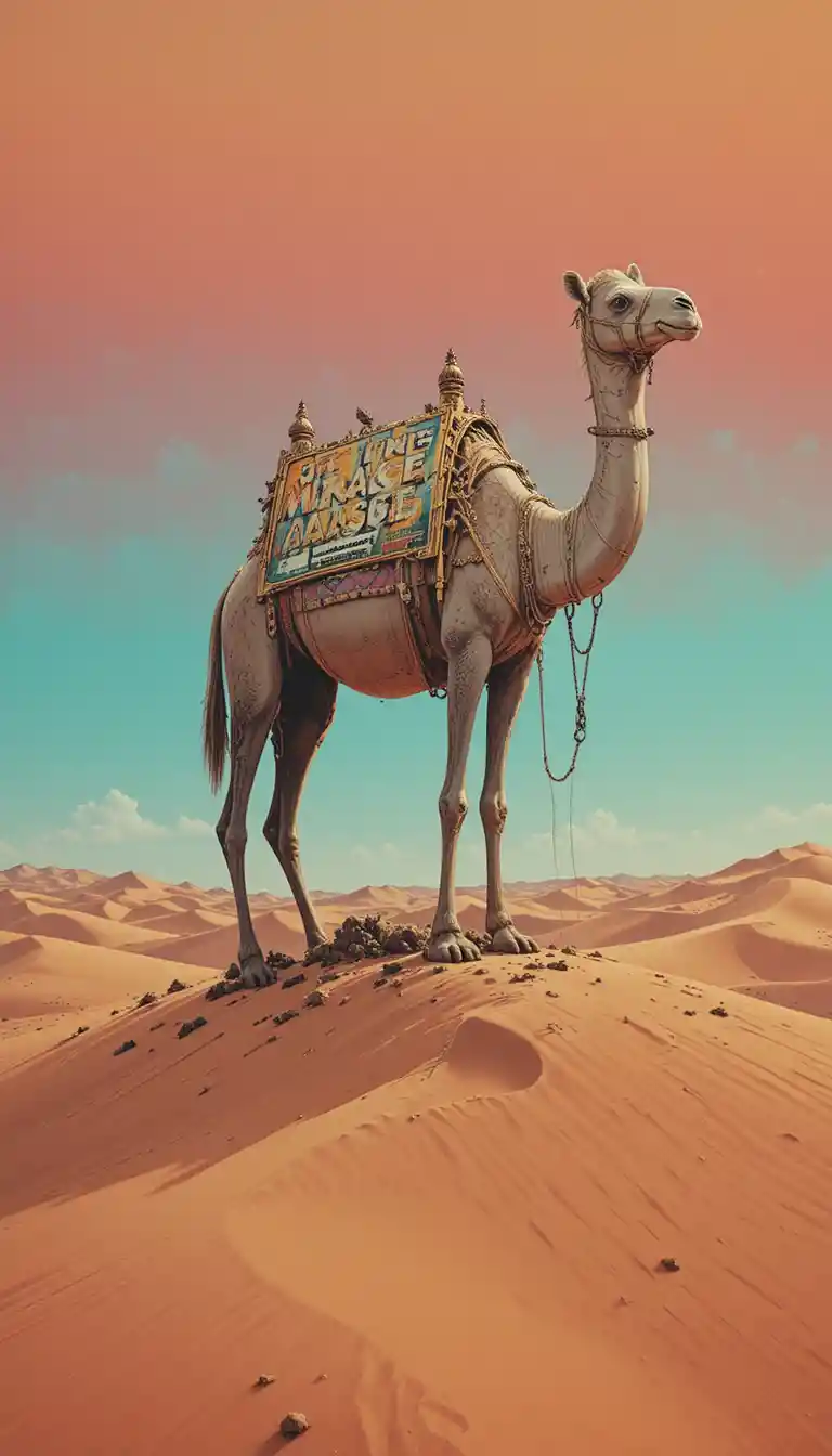 Surreal camel on desert dune with vintage oasis poster