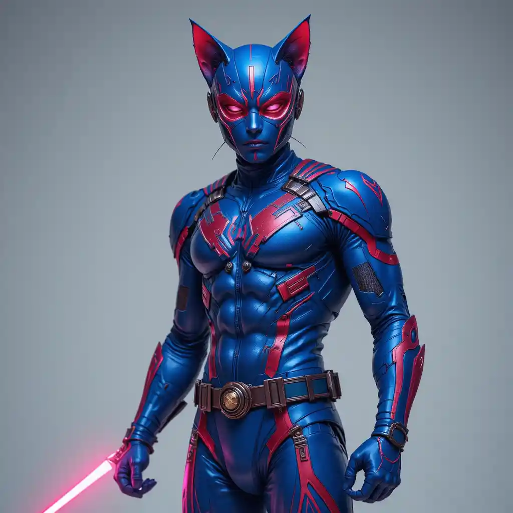Teenage superhero in blue and red costume with laser sword