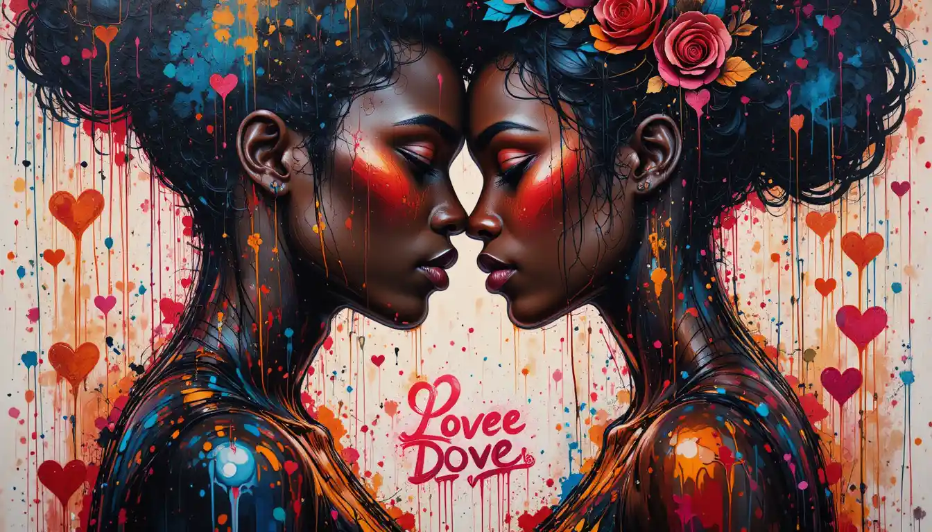 Romantic black couple in colorful valentines day graffiti art