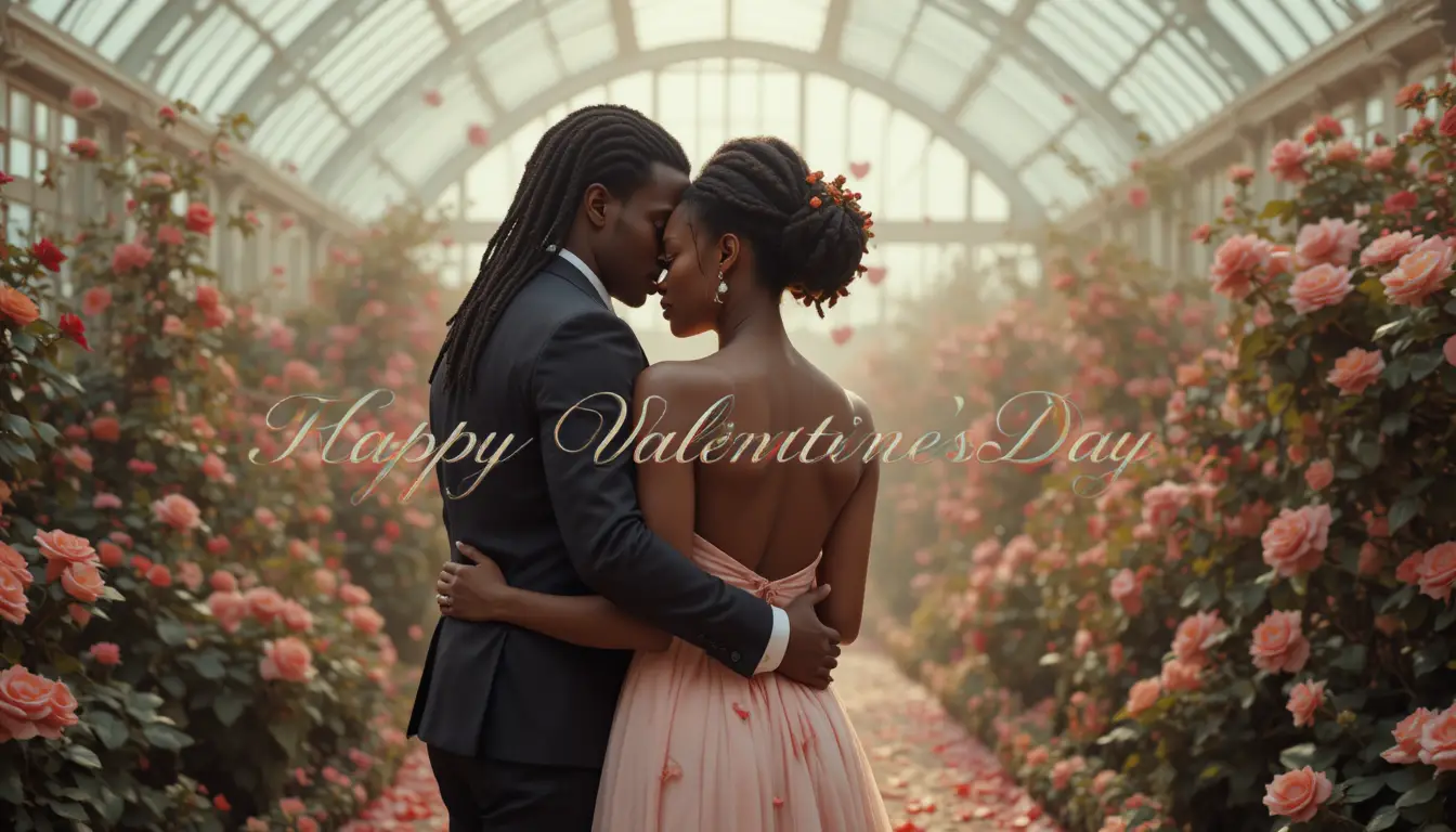 African American couple embracing in a romantic floral conservatory