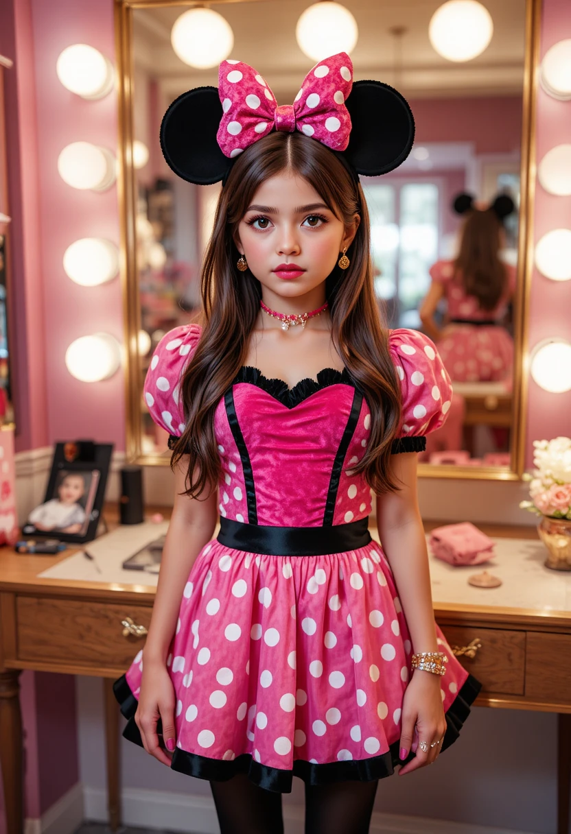 Preadolescente vestido de Minnie Mouse en tocador de boutique