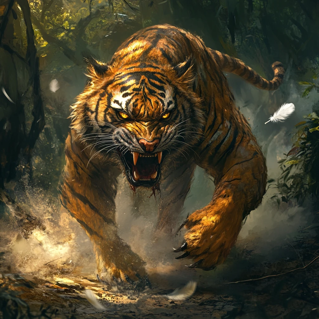Feroz quimera de tigresa cíborg lanzándose por la jungla a la luz de la luna