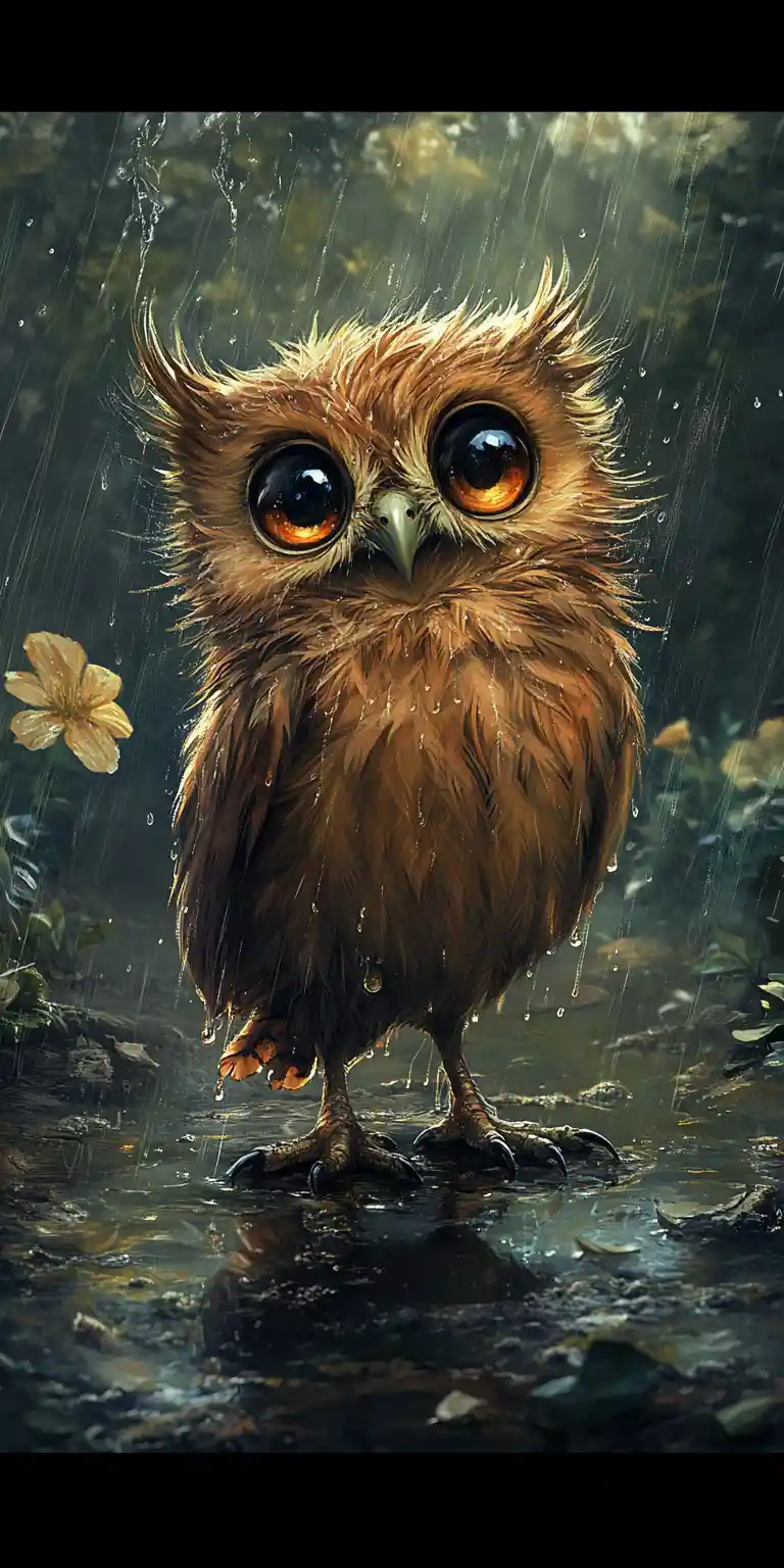 Small owl in a rainy twilight puddle with glowing eyes