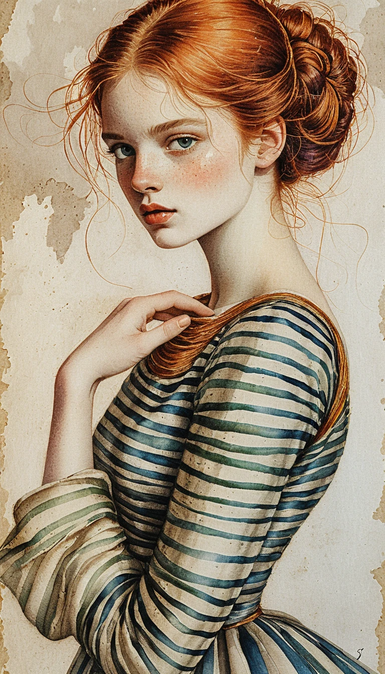 Renaissance style portrait of a red haired girl in stripes