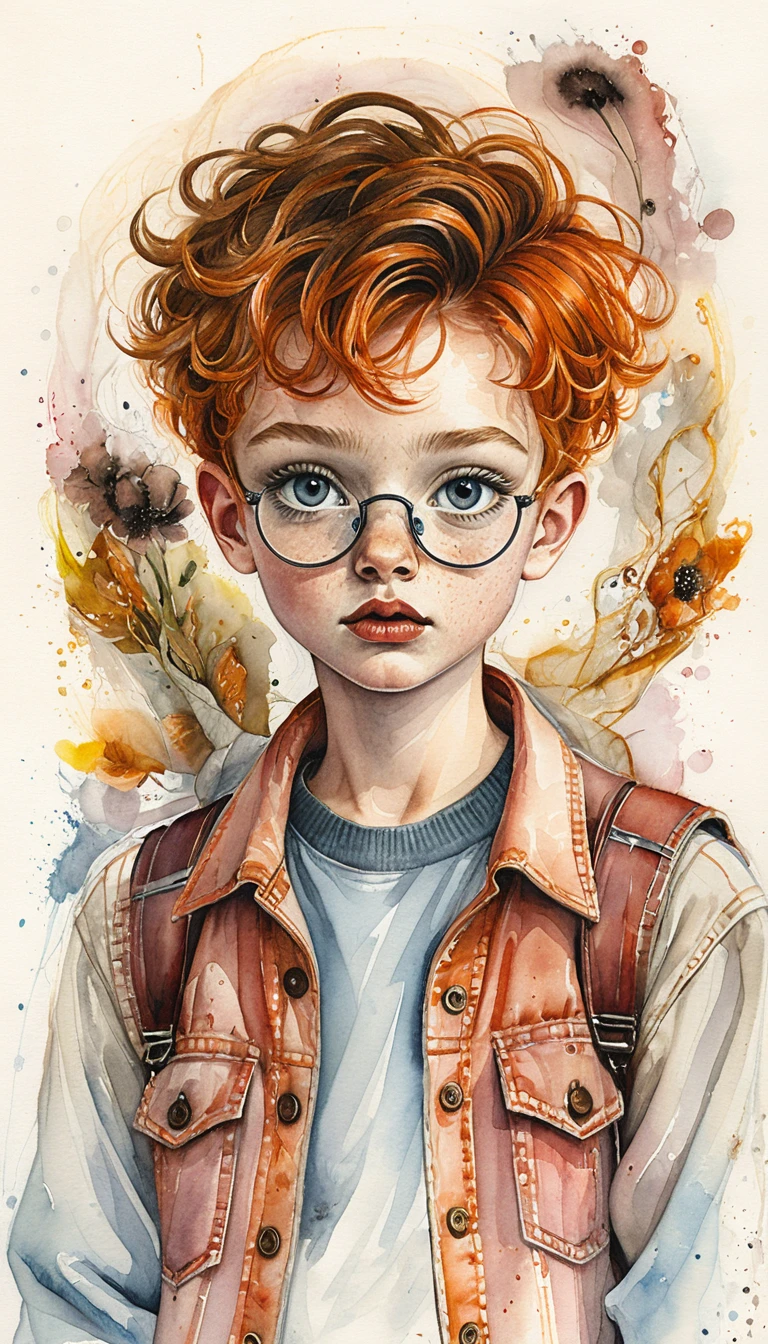 Freckled red haired boy with glasses in watercolor portrait