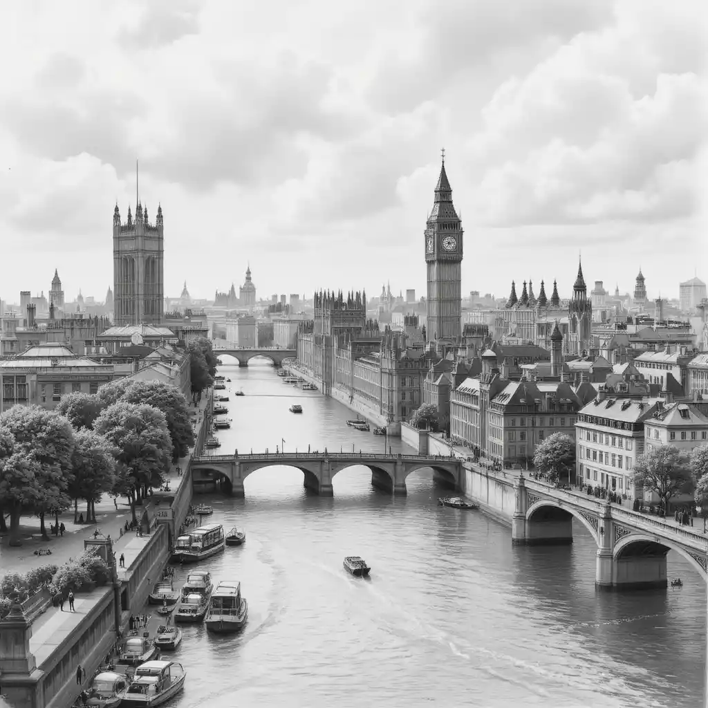 Victorian London cityscape from the Thames in graphite drawing