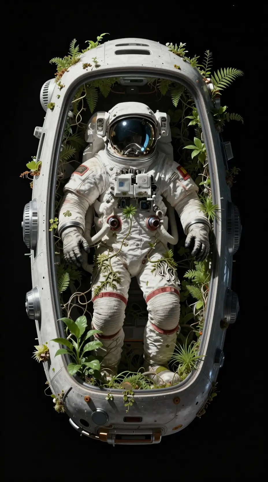 Derelict spaceship reclaimed by nature in deep space