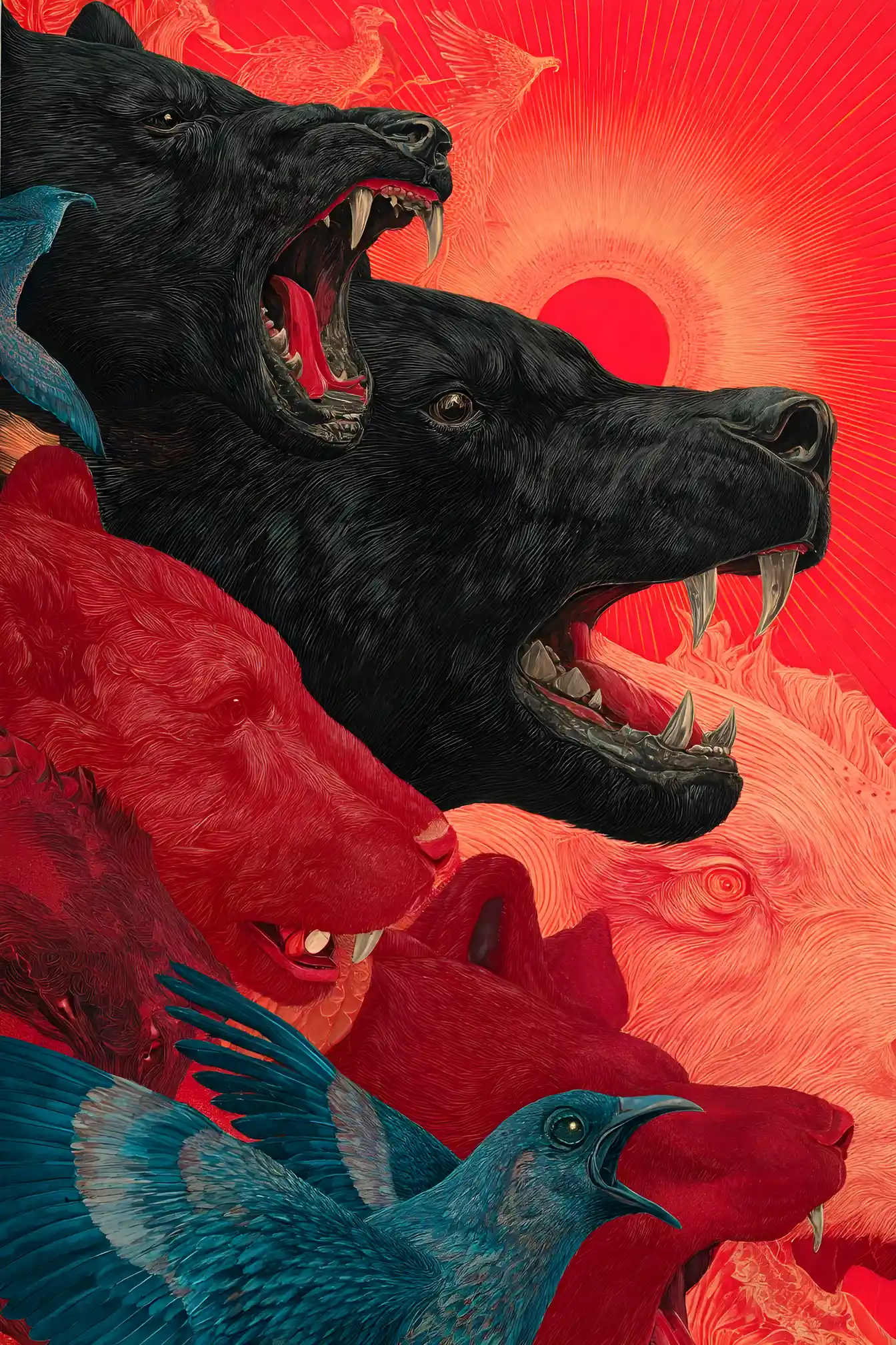 Surreal animals colliding with a blazing sun