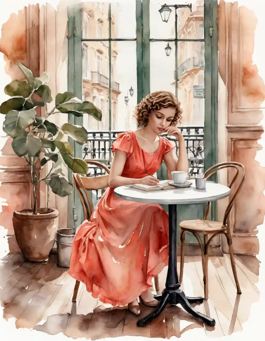 Watercolor woman reading at a vintage style cafe table