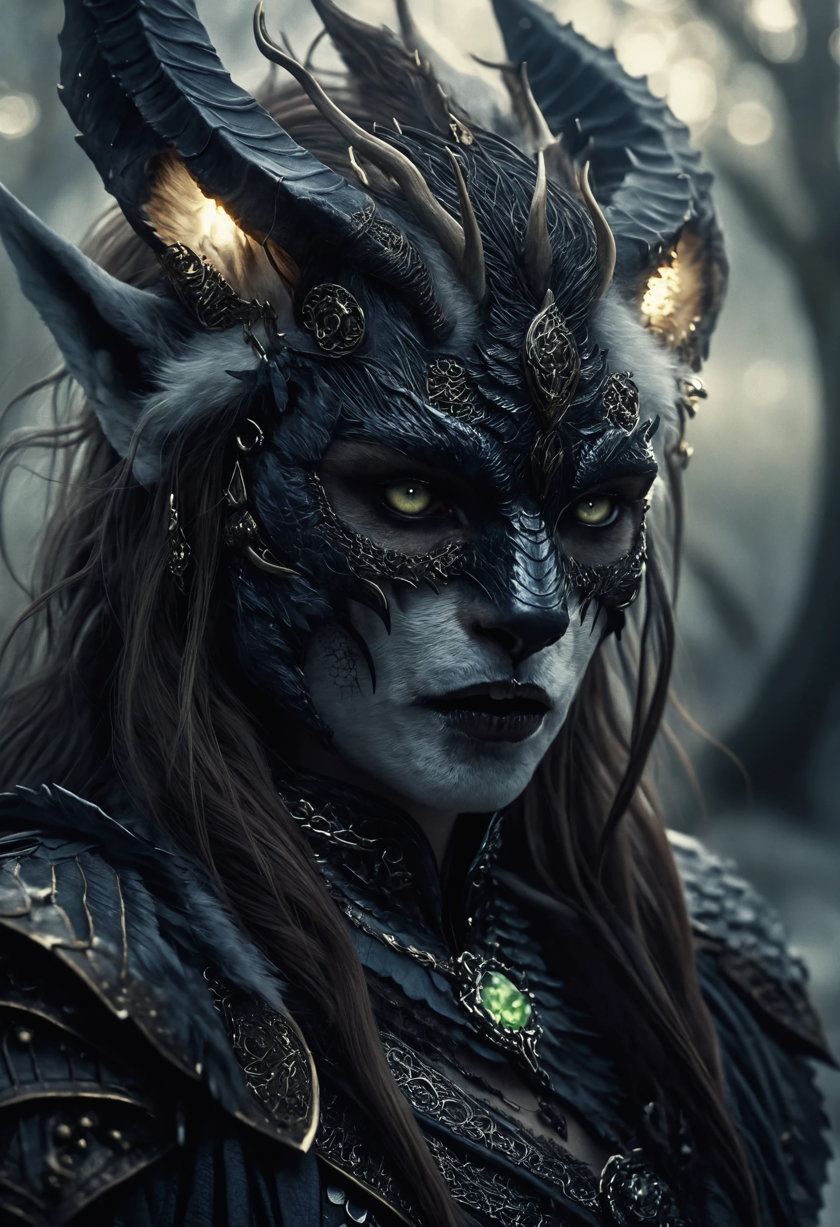 Quimera de lobo dragón alado encabritada en sombras a la luz de la luna