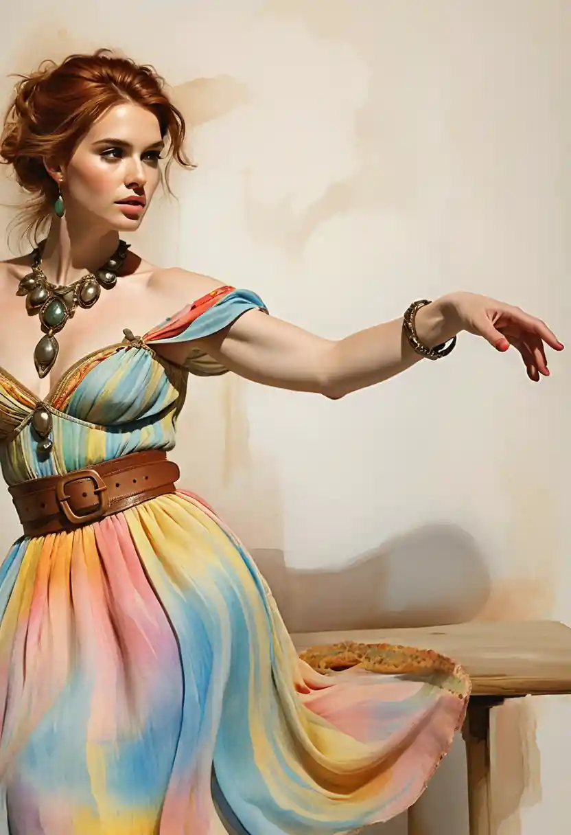 Dreamy red haired girl seated in a colorful watercolor dress