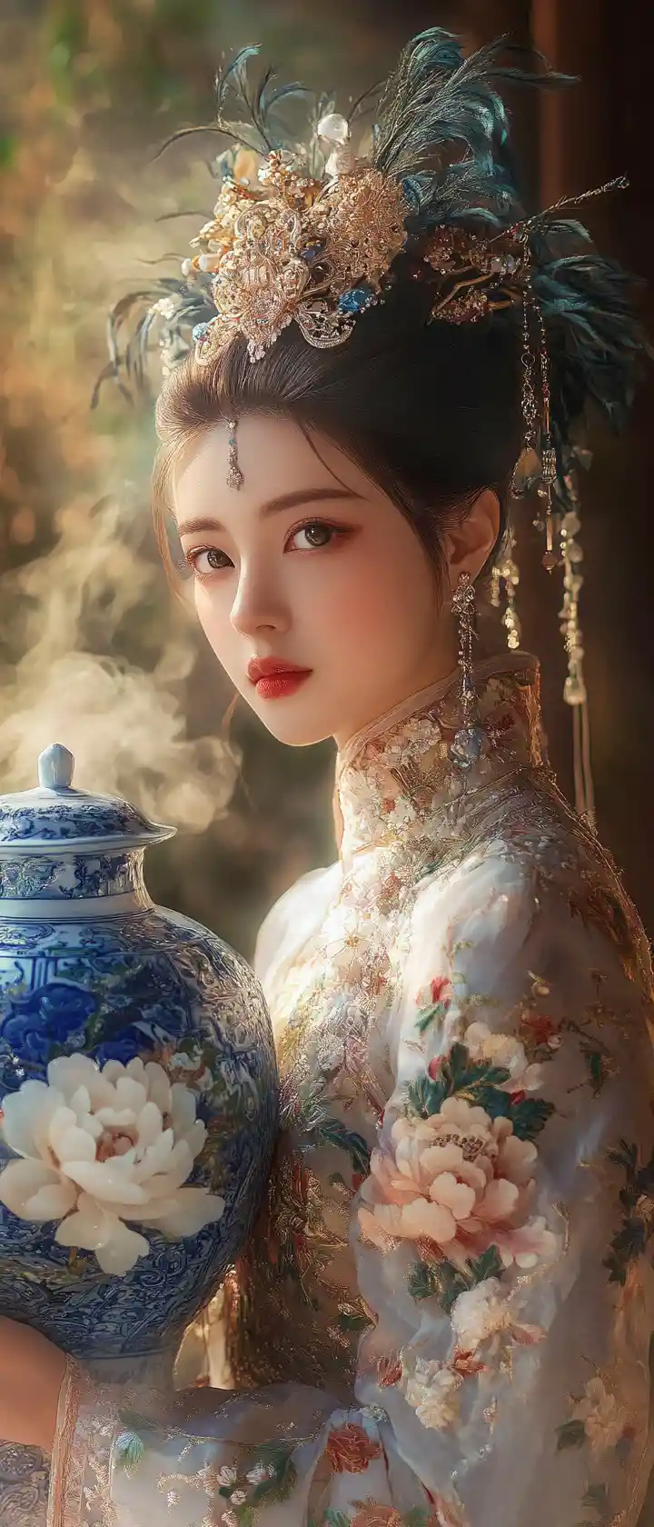 Mujer elegante con hanfu bordado sosteniendo un jarrón de porcelana