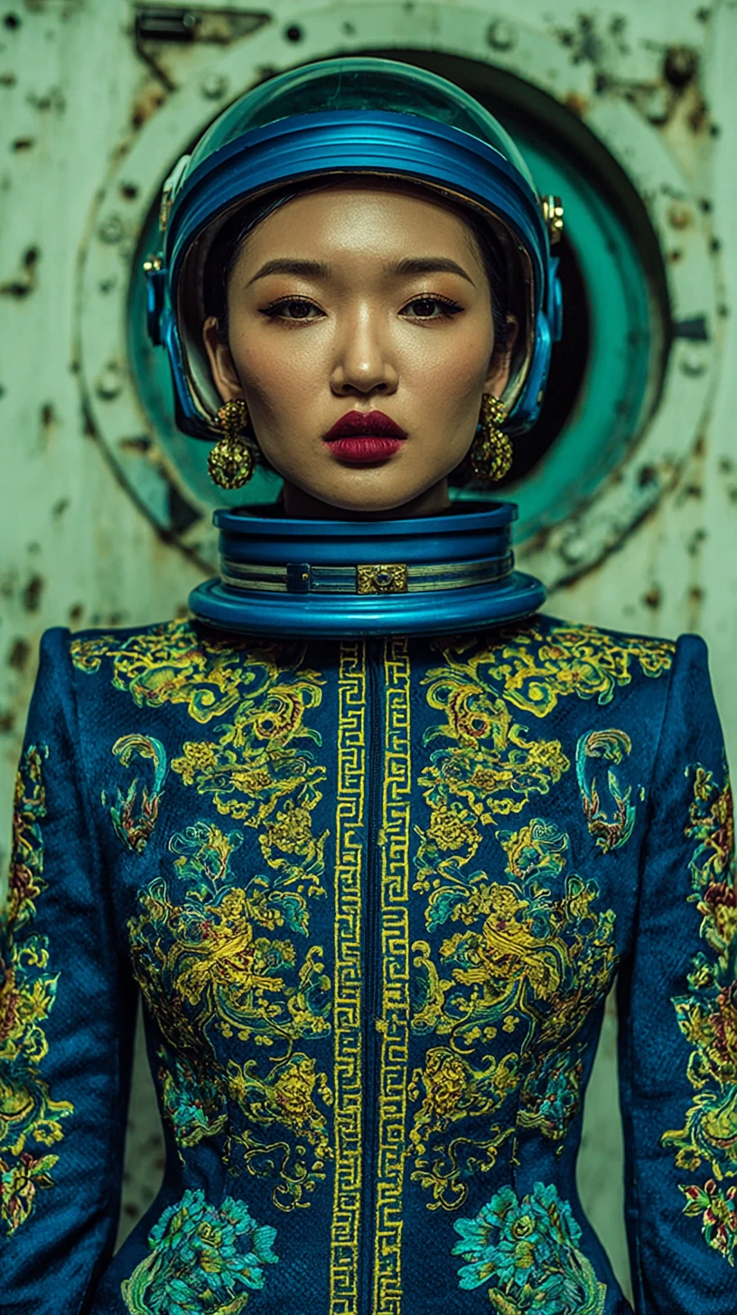 Futuristic fashion woman in helmet with Chinese embroidery