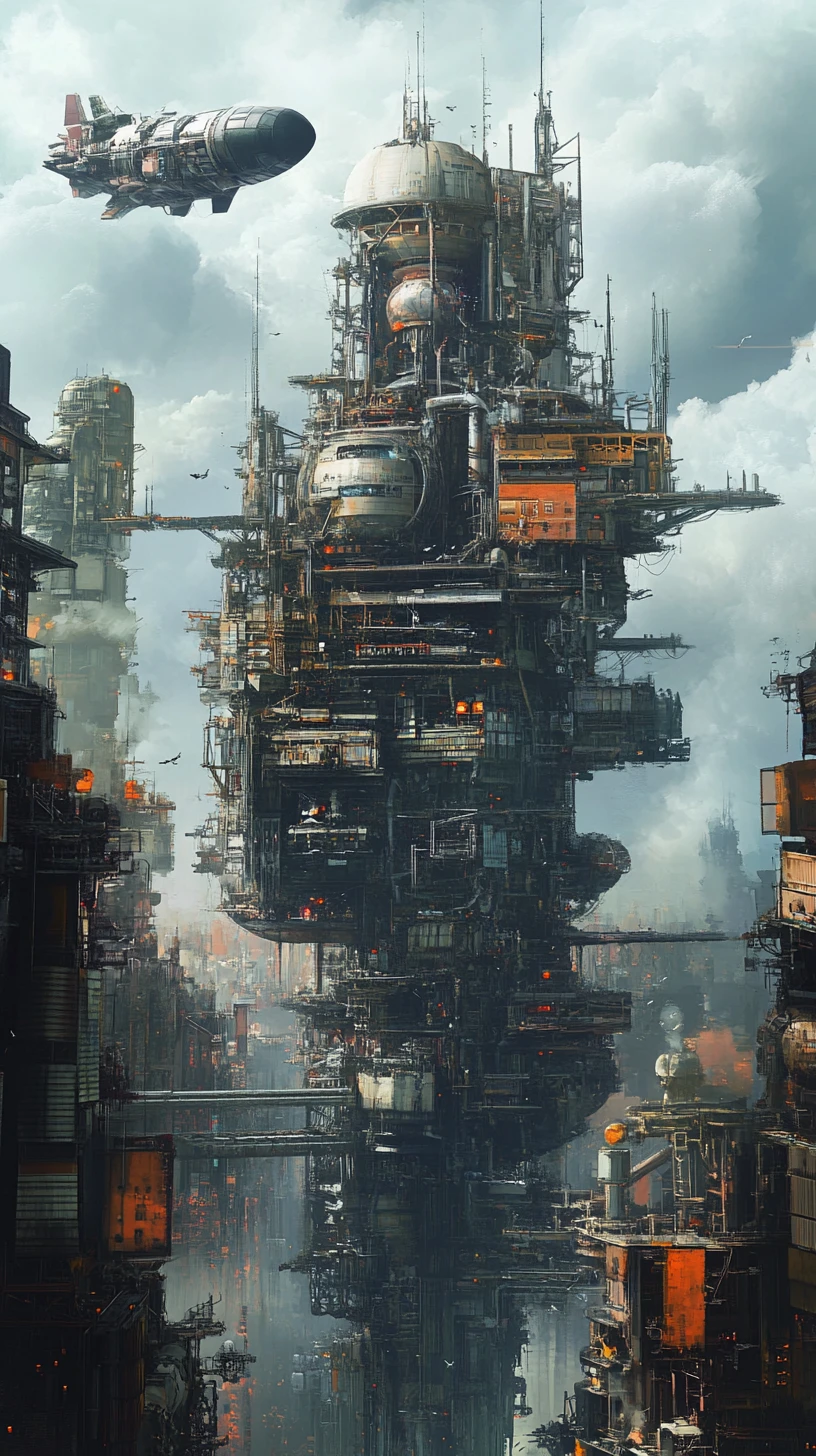 Paesaggio urbano futuristico meccanizzato con imponenti strutture industriali