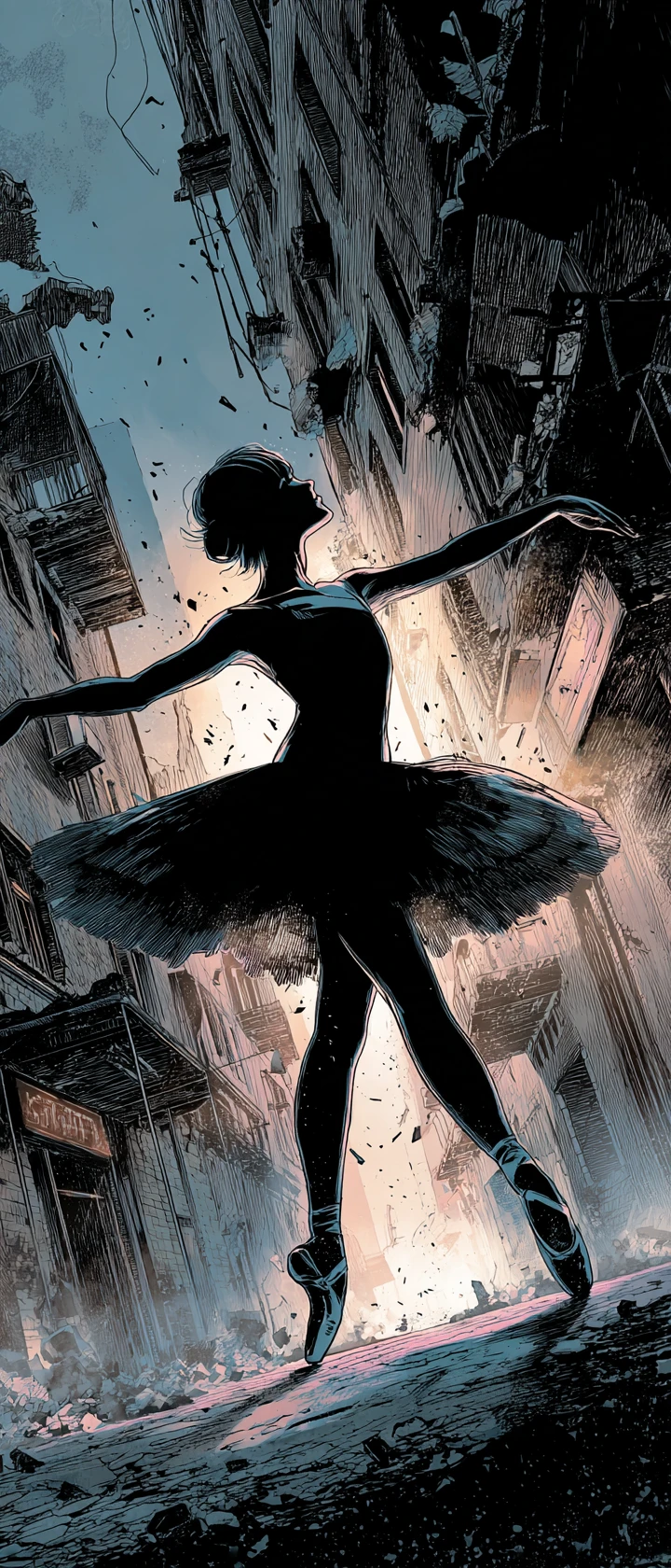 Young ballerina pirouette in a ruined monochrome city